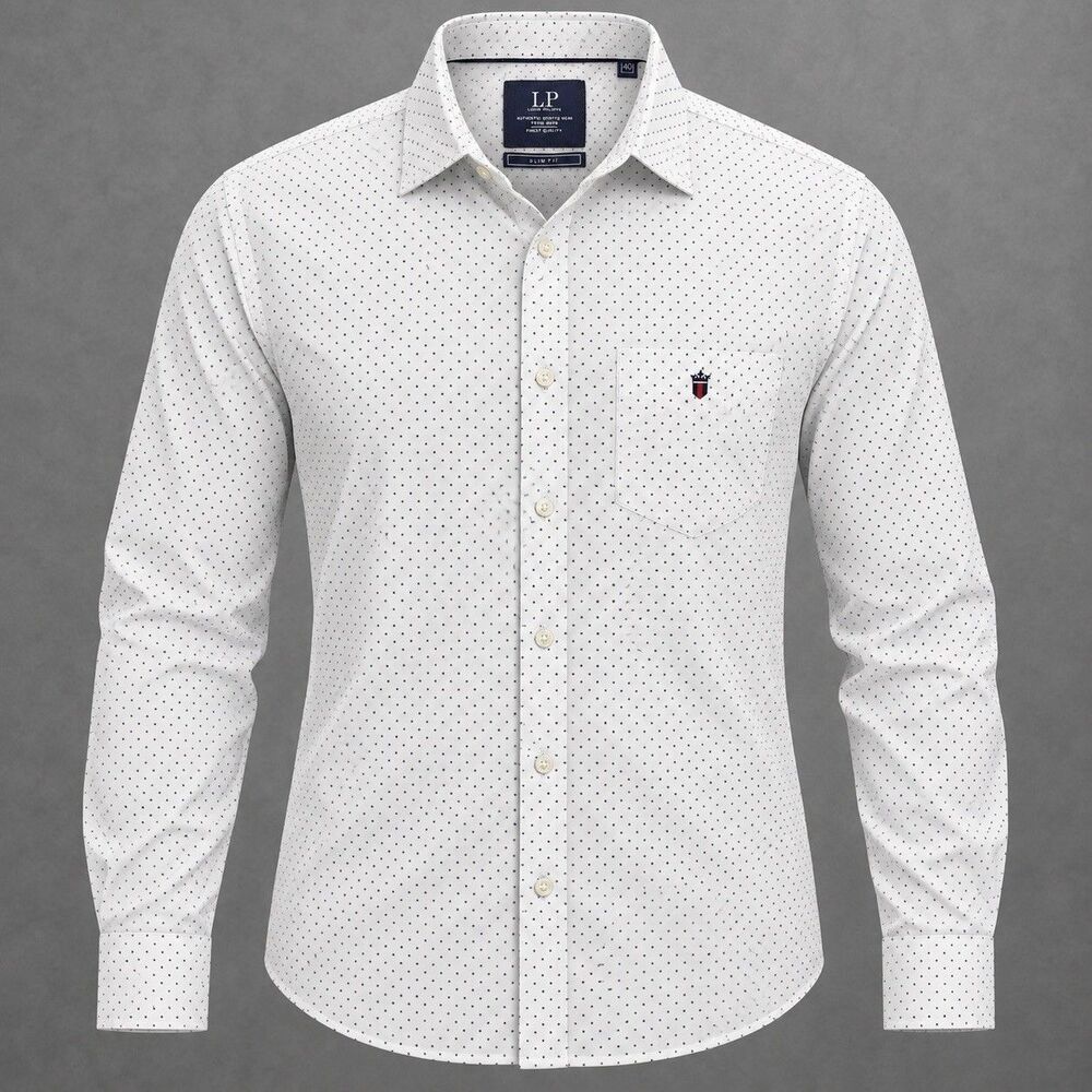 Louis Philippe LP Men’s 40 Slim Fit White Navy Dot Long Sleeve Button Shirt